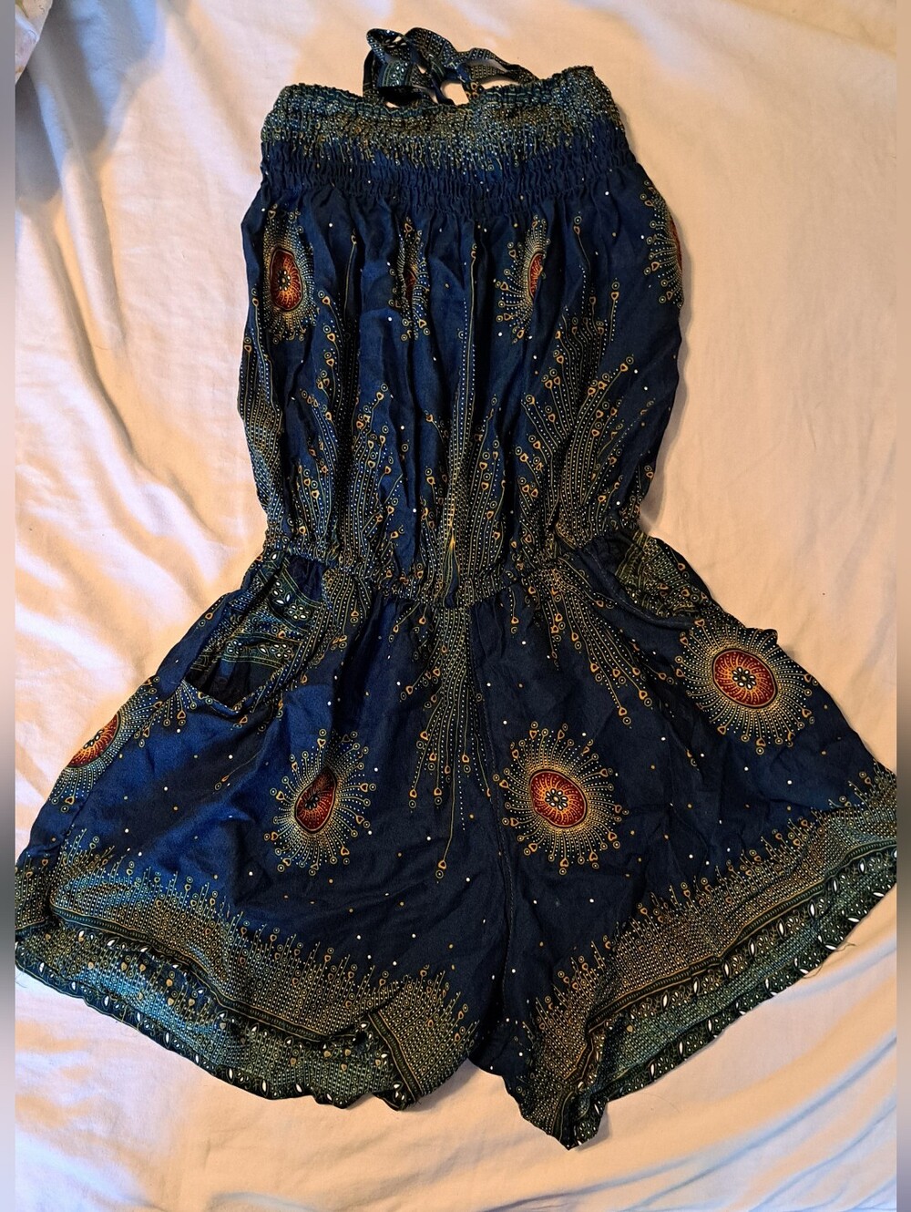 Navy Blue Sunburst Print Strapless Romper - Picture 1 of 1
